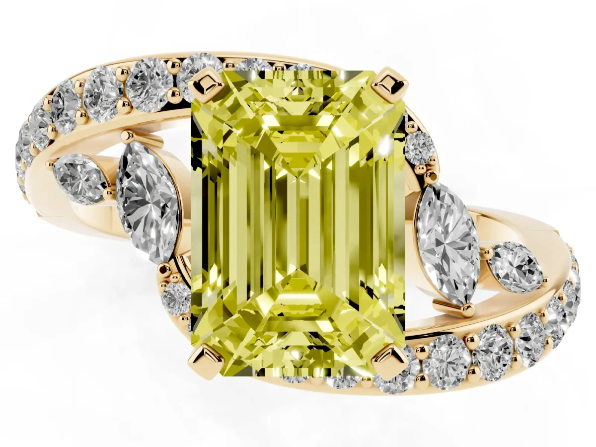 Fancy Yellow Emerald Cut Solitaire with Pavé Twist Band and Four-Prong Setting Yellow gold