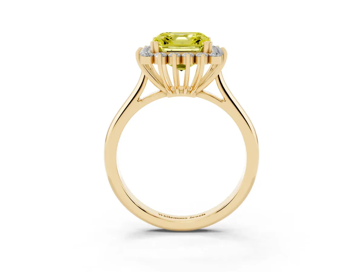 Fancy Yellow Asscher Cut Cut Diamond Halo Ring with Solitaire Band and Prong Setting Yellow gold
