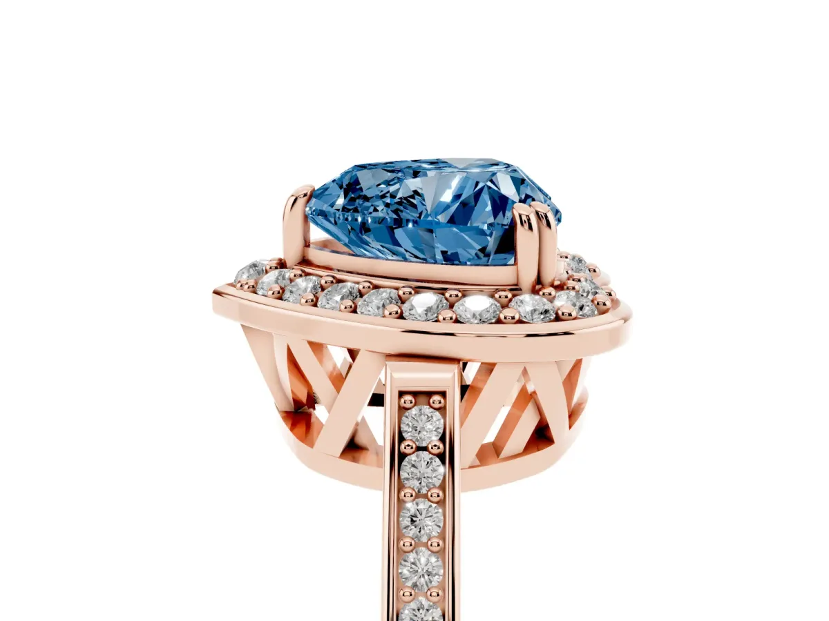 Fancy Blue Heart Cut Diamond Halo Ring with Split Shank and Four-Prong Setting Rose gold