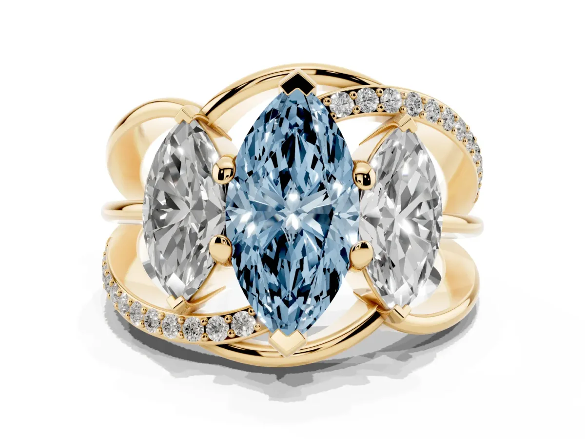 Fancy Blue Three-Stone Marquise Cut Cut Diamond Split Shank Prong Set Ring Yellow gold