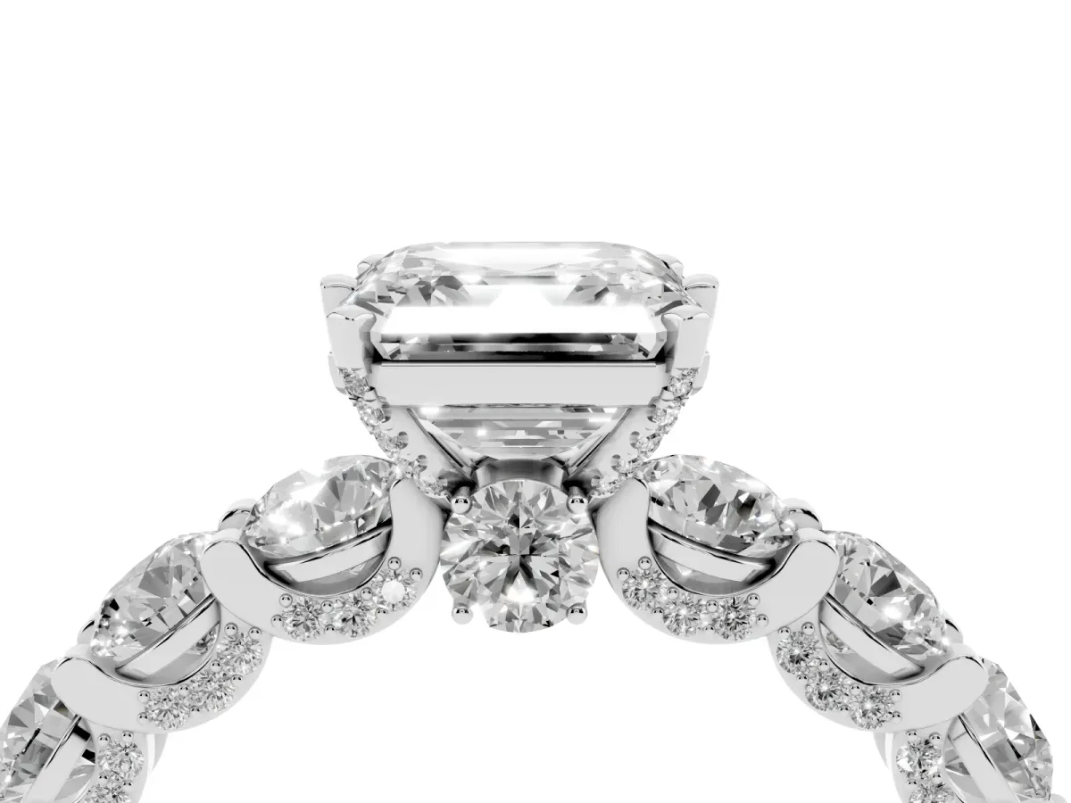 Asscher Cut Diamond Side Stone Engagement Ring with Four-Prong Setting White gold