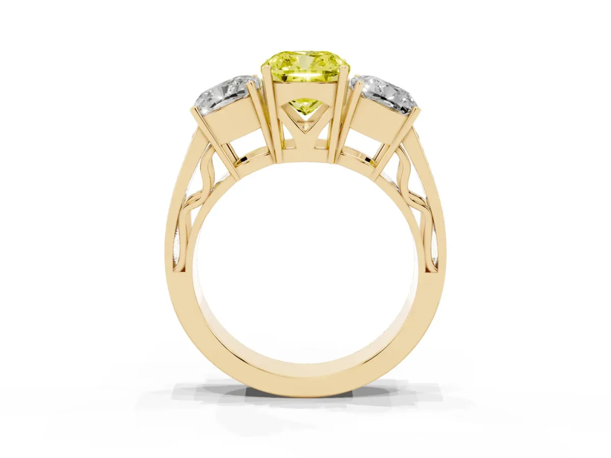 Fancy Yellow Cushion Cut Diamond Three-Stone Ring with Prong Setting and Textured Band Yellow gold