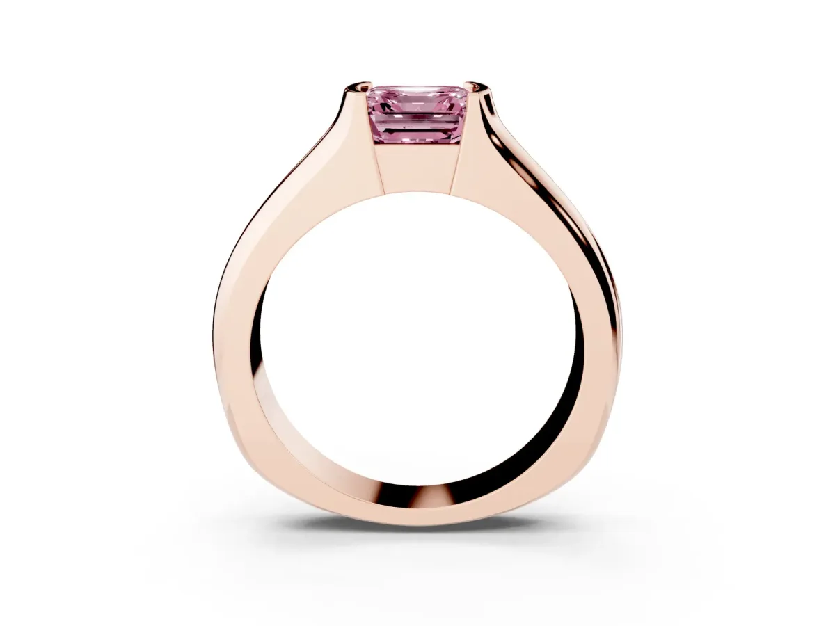 Fancy Pink Asscher Cut Solitaire Bezel Set Diamond Ring with Wide Band Rose gold