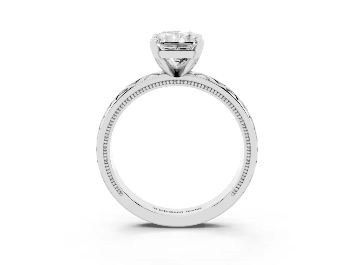 Radiant Cut Solitaire Diamond Ring with Milgrain and Black Enamel X Pattern Band Silver