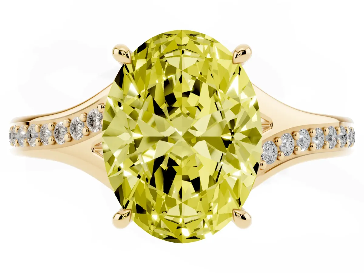 Fancy Yellow Oval Cut Diamond Solitaire Ring with Pavé Band and Prong Setting Yellow gold