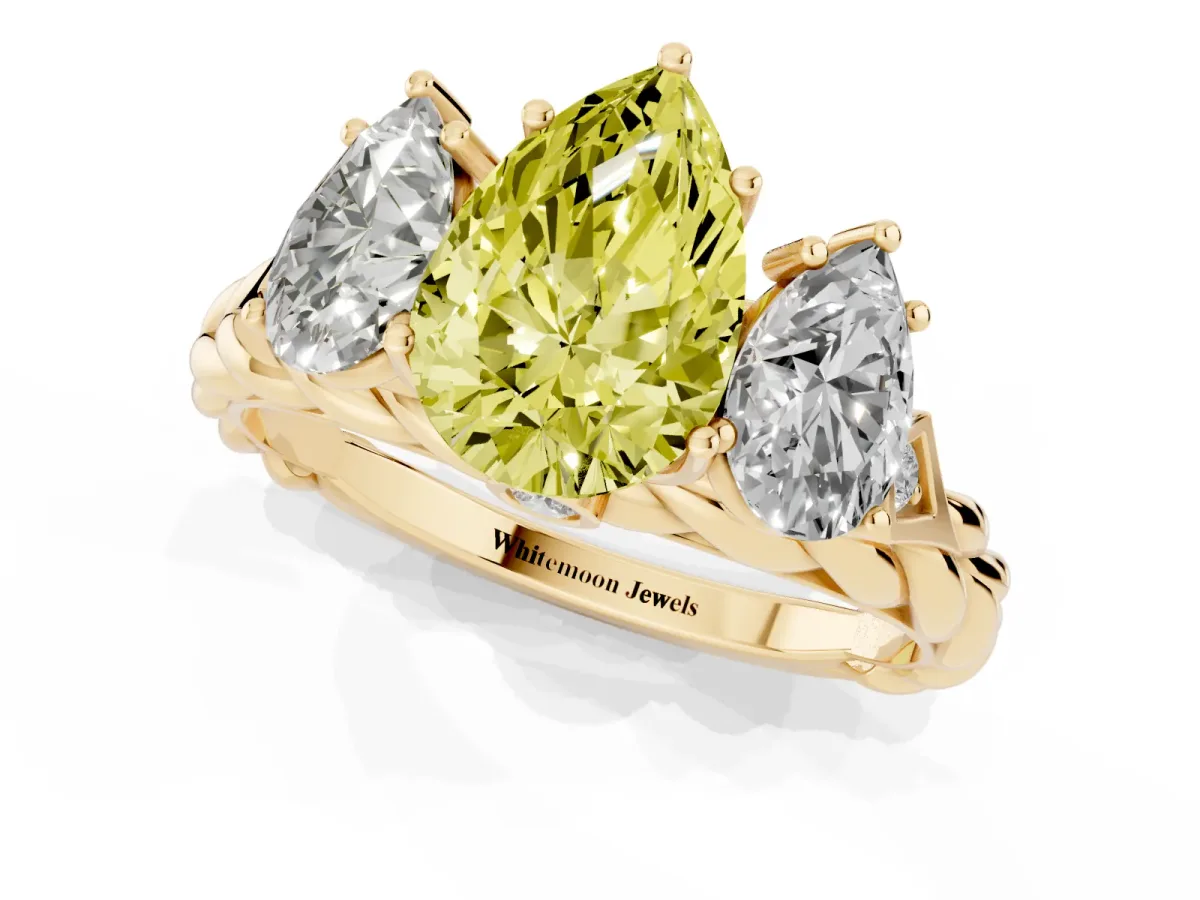 Fancy Yellow Three-Stone Pear Cut Diamond Braided Band Ring with Four-Prong Setting Yellow gold