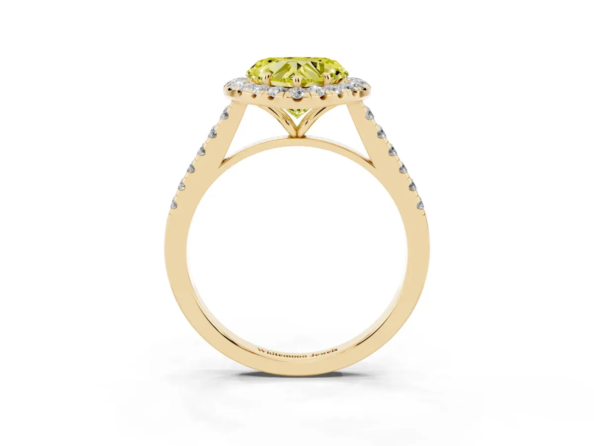 Fancy Yellow Heart Cut Halo Pave Diamond Engagement Ring with Four-Prong Setting Yellow gold
