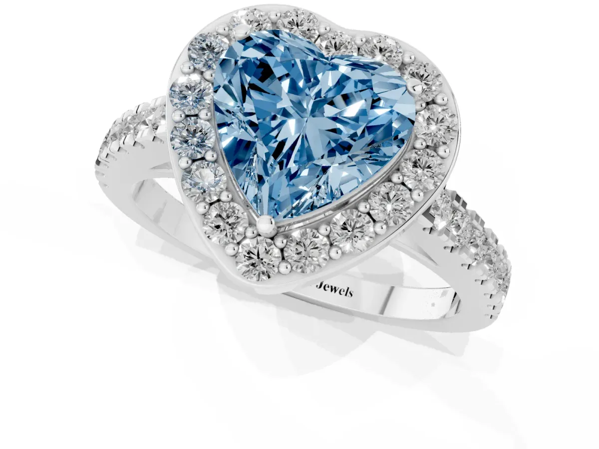 Fancy Blue Heart Cut Diamond Halo Ring with Round Pavé Split Shank and Prong Setting Silver