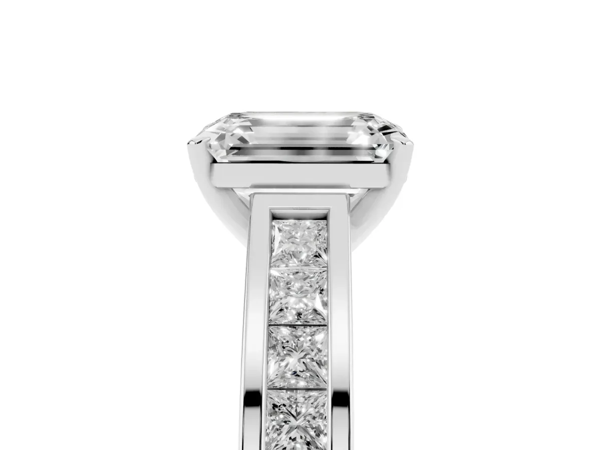 Emerald Cut Solitaire Diamond Ring with Channel-Set Band and Four-Prong Setting Platinum