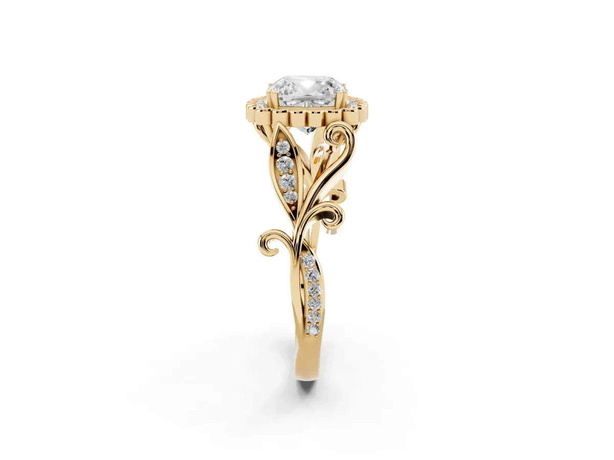 Cushion Cut Diamond Halo Ring with Vintage Split Shank and Four-Prong Setting Yellow gold