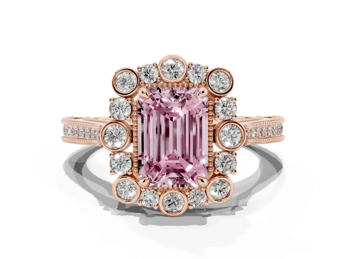 Fancy Pink Emerald Cut Halo Milgrain Pave Diamond Ring with Four-Prong Setting Rose gold