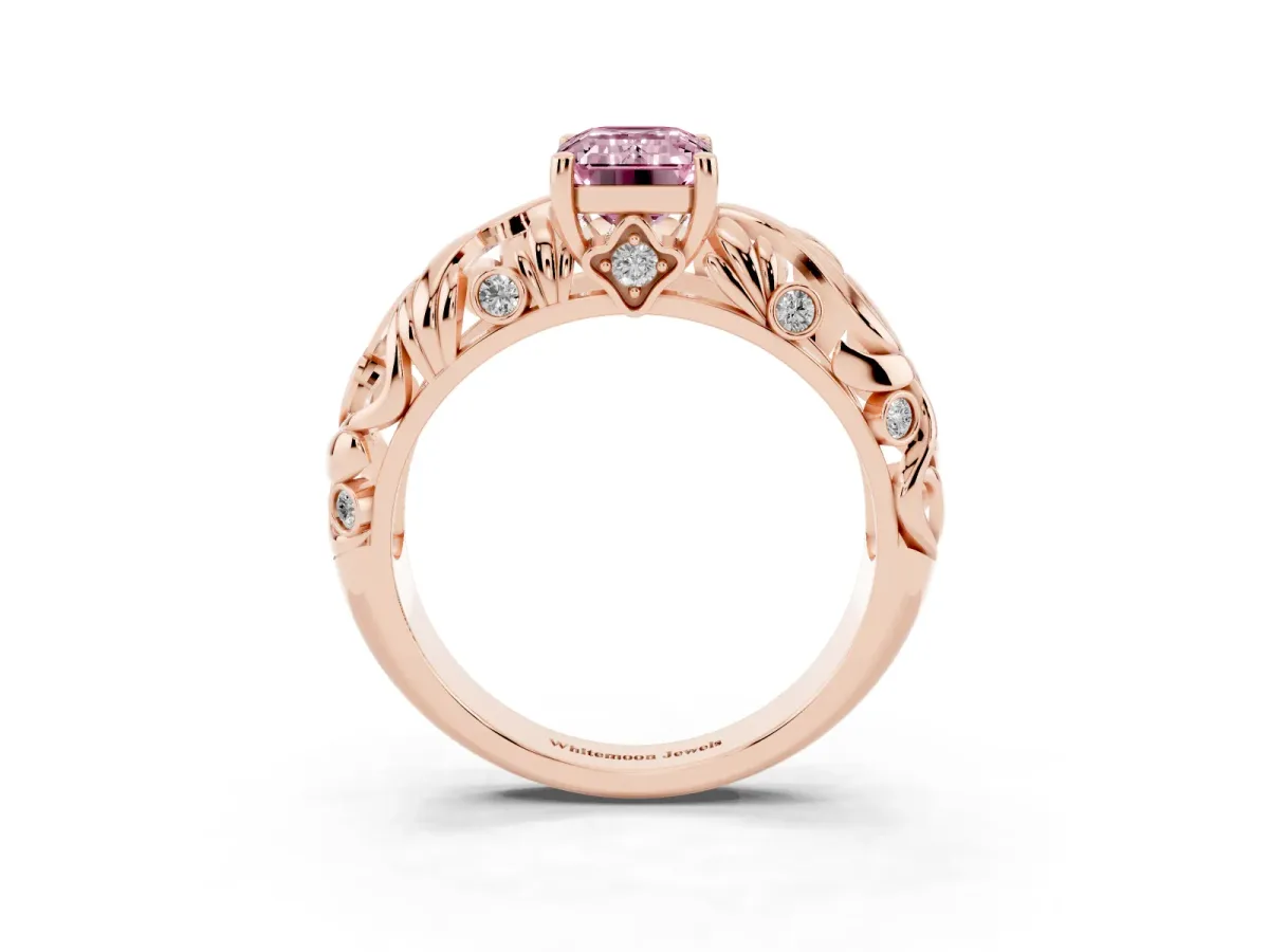 Fancy Pink Emerald Cut Solitaire Diamond Leaf-Inspired Vine Band Ring with Prong Setting Rose gold