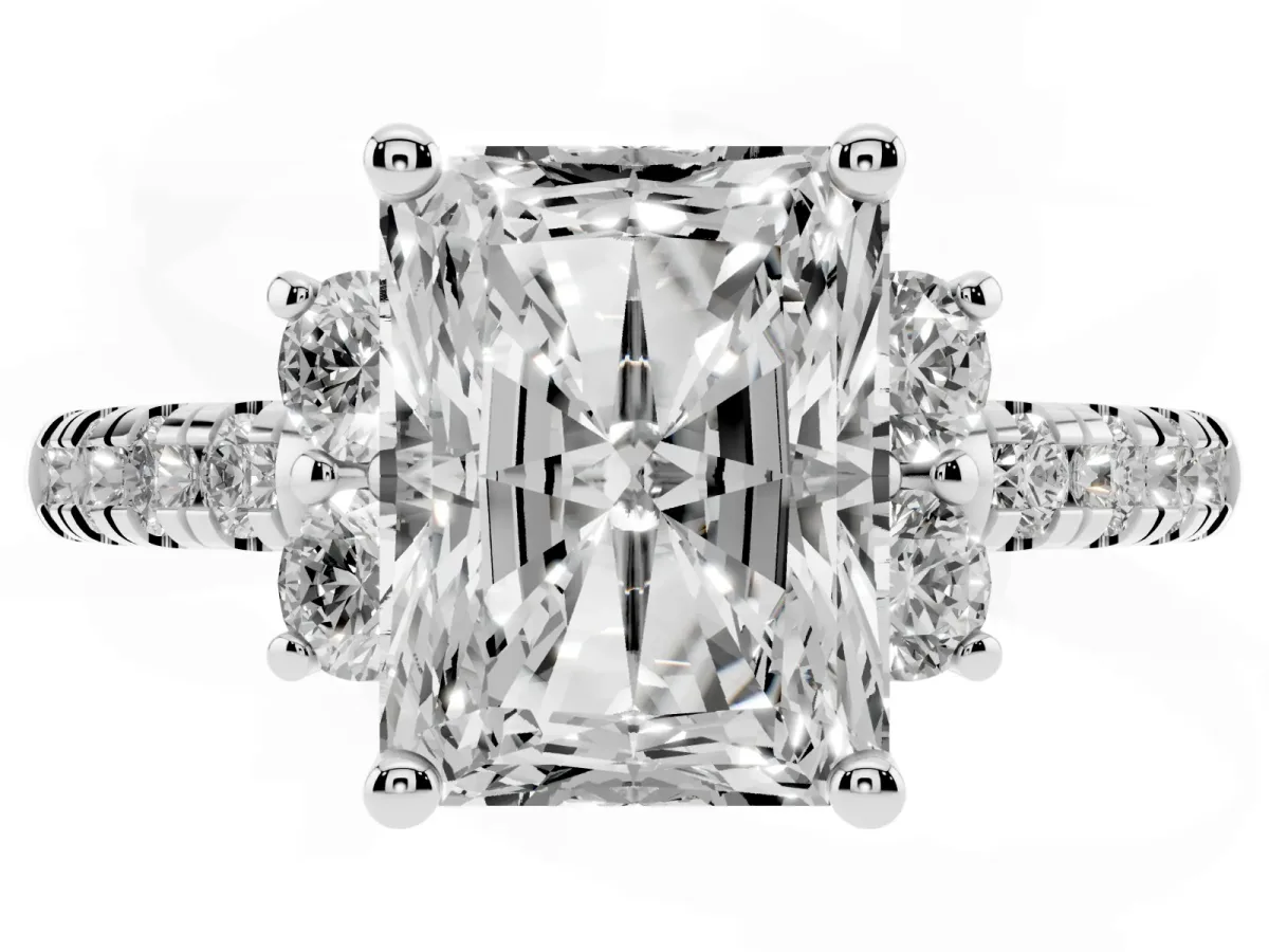 Radiant Cut Diamond Three-Stone Pave Band with Four-Prong Setting Silver