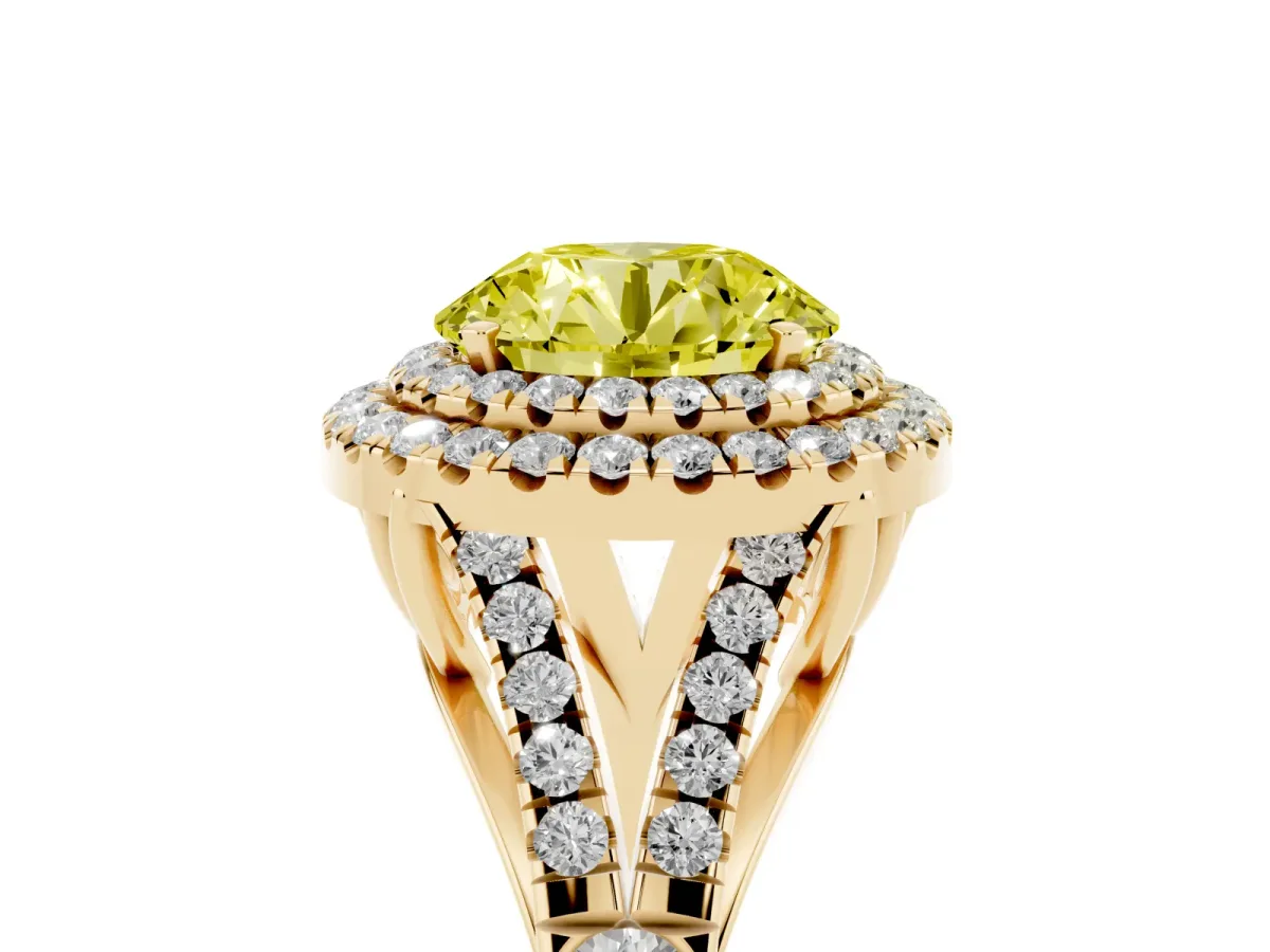 Fancy Yellow Double Halo Round Cut Diamond Split Shank Engagement Ring with Four-Prong Setting Yellow gold