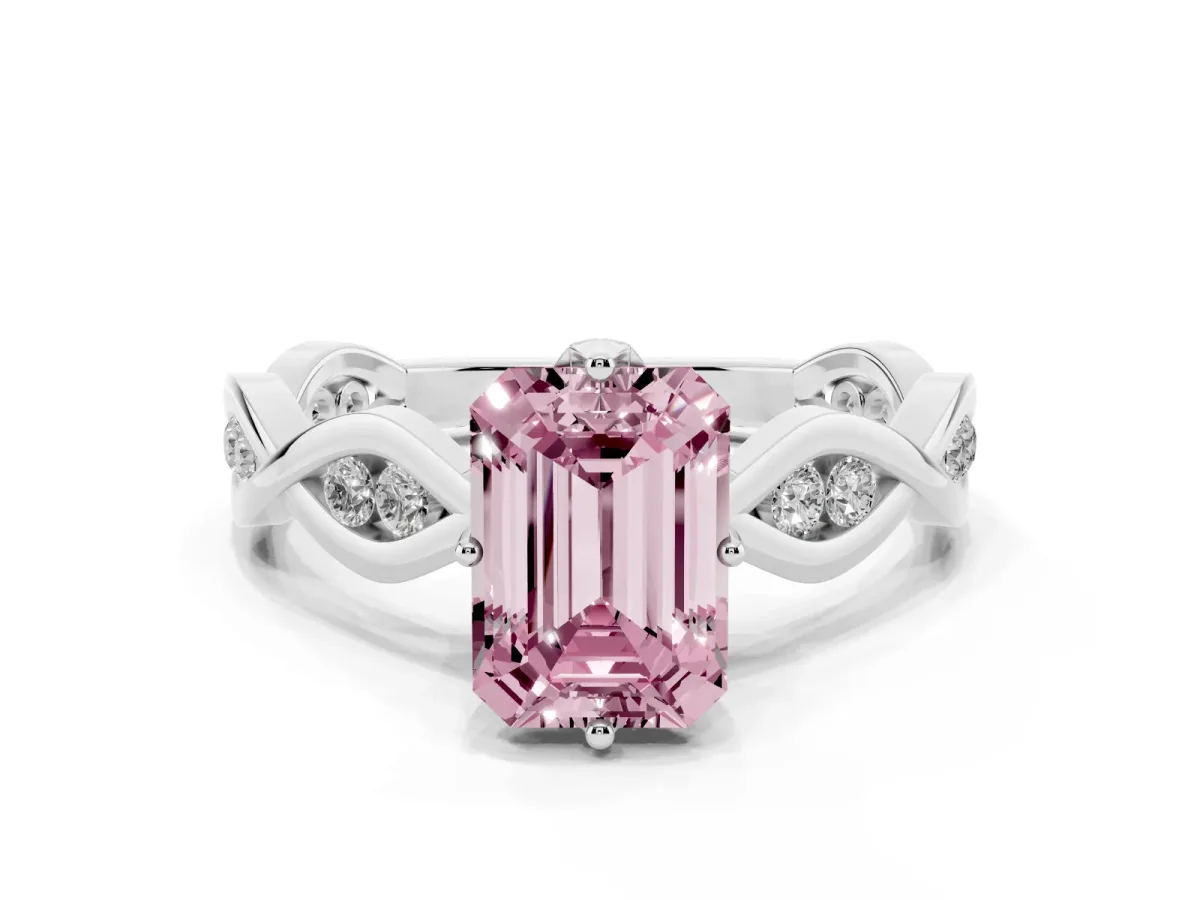Fancy Pink Emerald Cut Solitaire Twist Band with Leaf Prong Setting Platinum