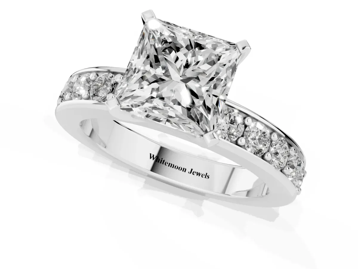 Princess Cut Diamond Engagement Ring with Channel Set Round Band and Prong Setting Platinum