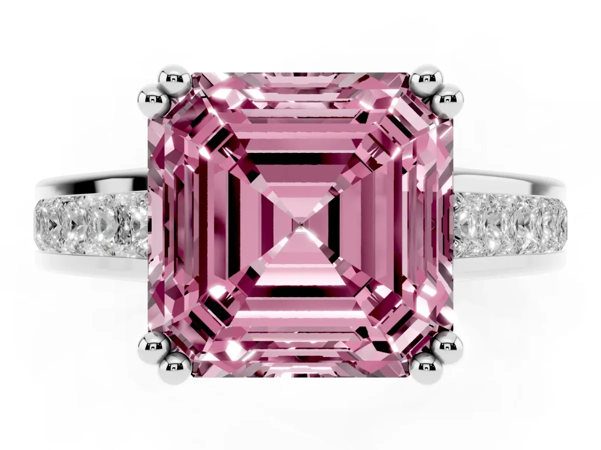 Fancy Pink Asscher Cut Cut Channel Set Solitaire Engagement Ring with Prong Setting Silver