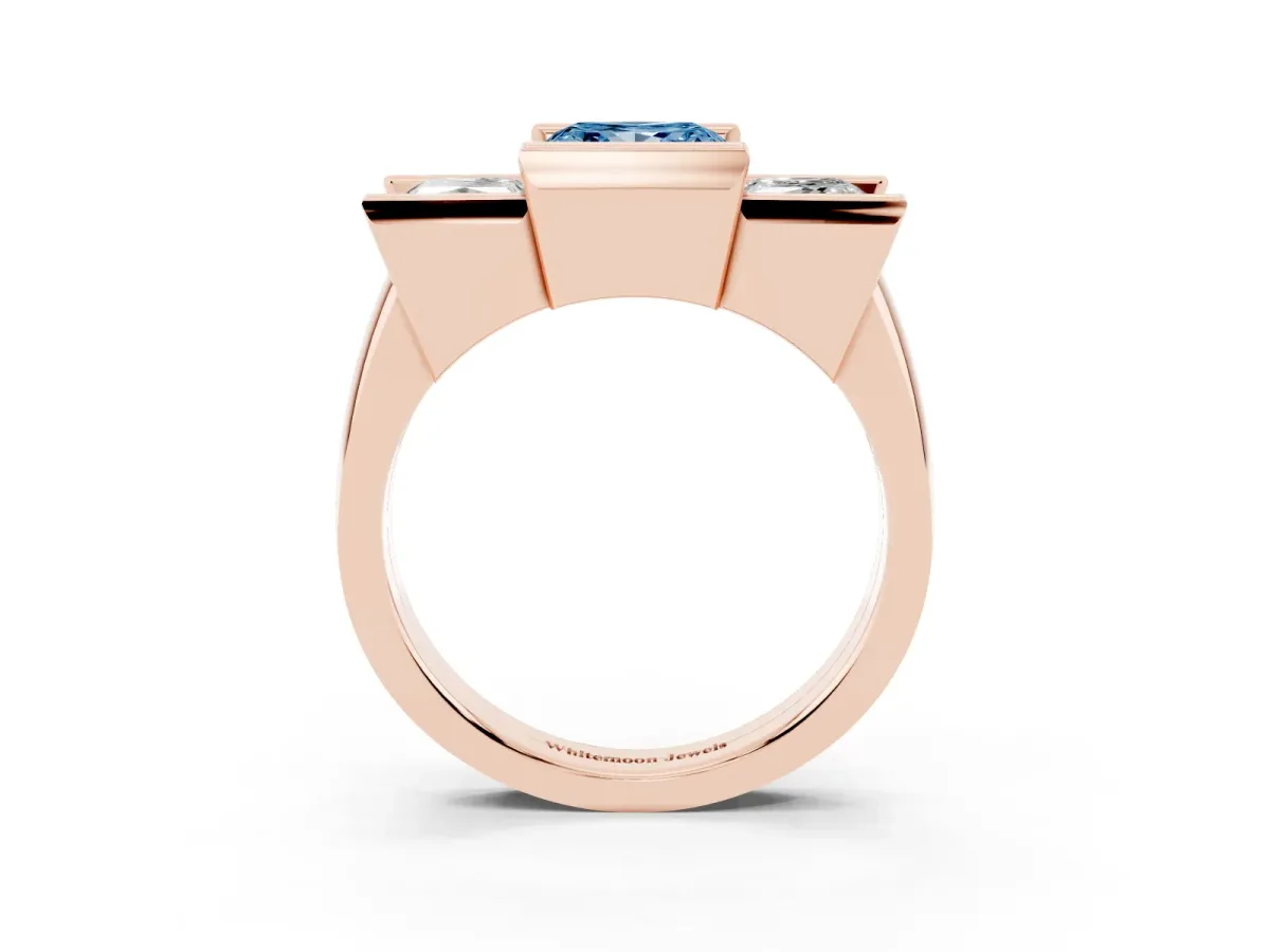 Fancy Blue Three Stone Princess Cut Cut Channel Set Diamond Ring Rose gold