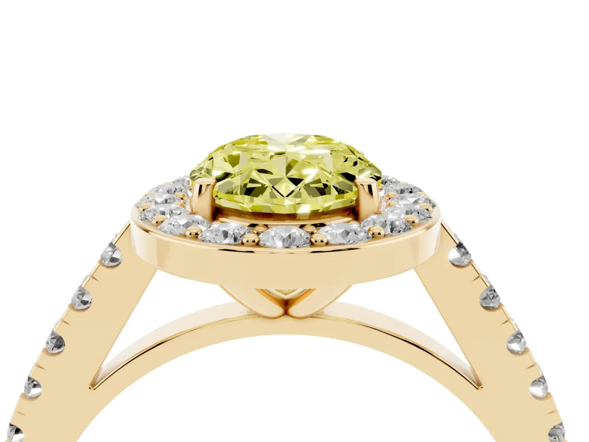 Fancy Yellow Oval Cut Diamond Halo Ring with Round Pavé Split Shank and Prong Setting Yellow gold