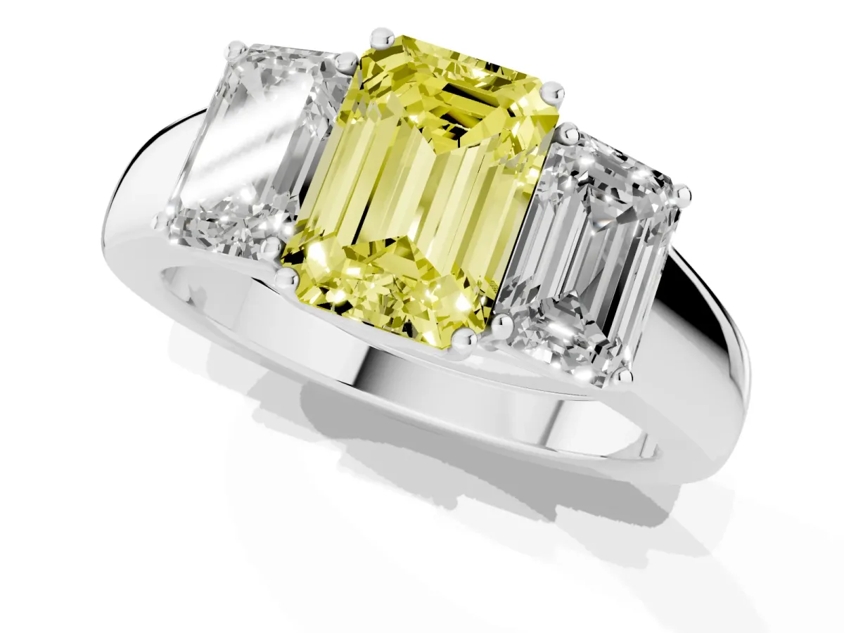 Fancy Yellow Three-Stone Emerald Cut Cut Diamond Ring with Prong Setting and Classic Band Platinum