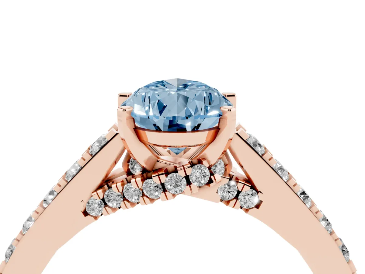 Fancy Blue Pear Cut Diamond Solitaire Ring with Crossover Gallery and Round Pavé Band Rose gold