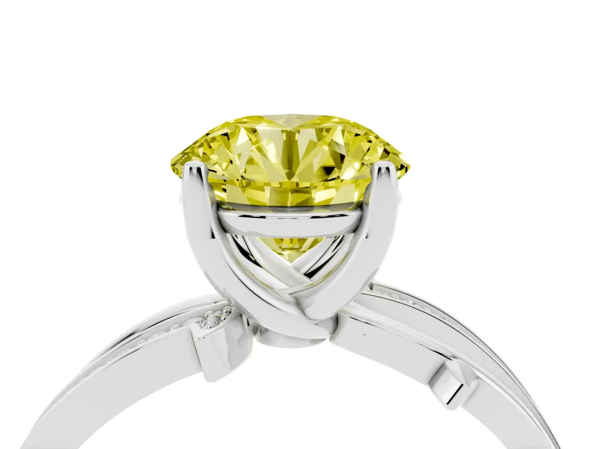 Fancy Yellow Round Cut Solitaire Twist Band with Pavé Accents and Four-Prong Setting White gold