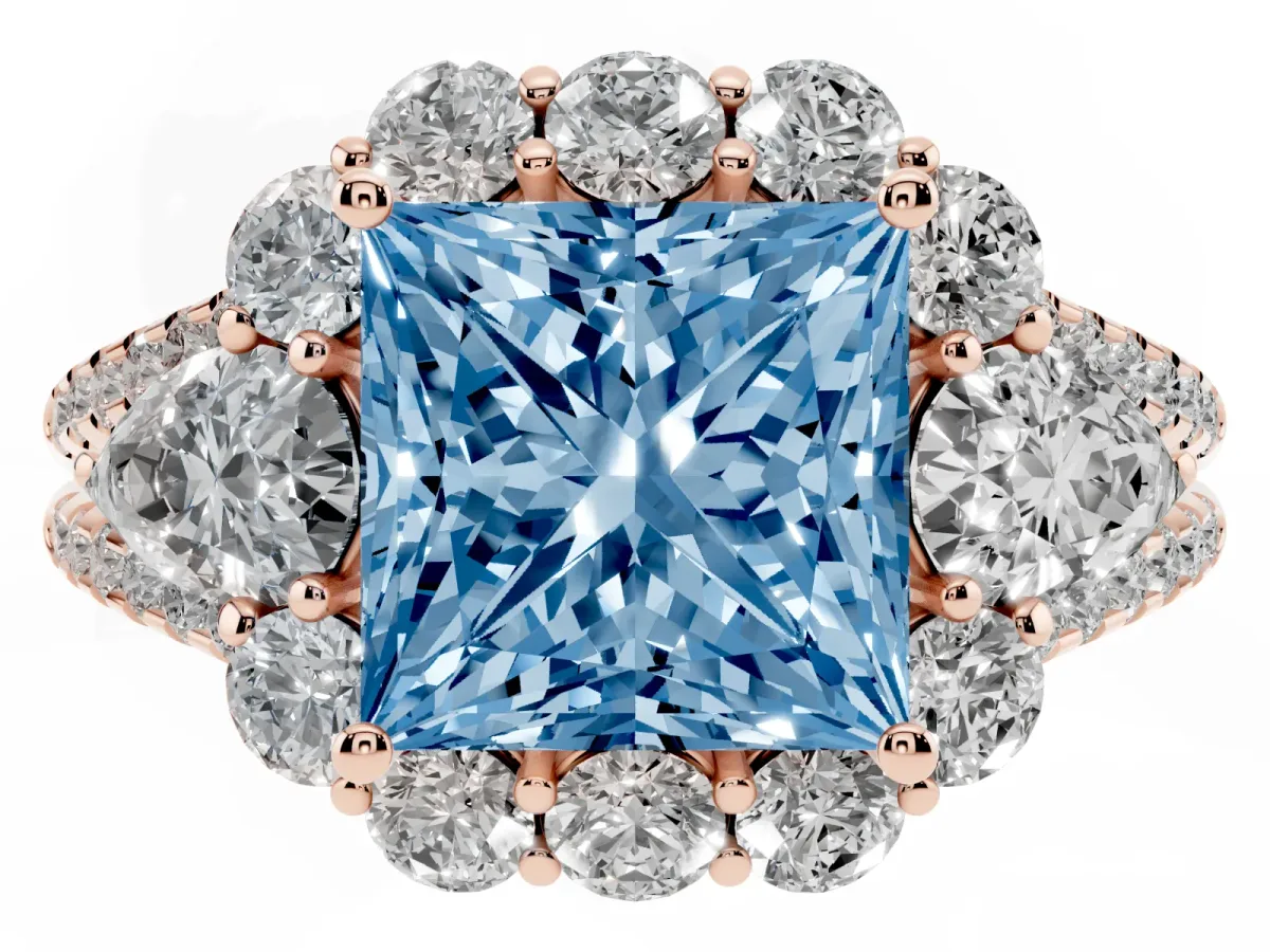 Fancy Blue Princess Cut Halo Split Shank Diamond Engagement Ring with Prong Setting Rose gold
