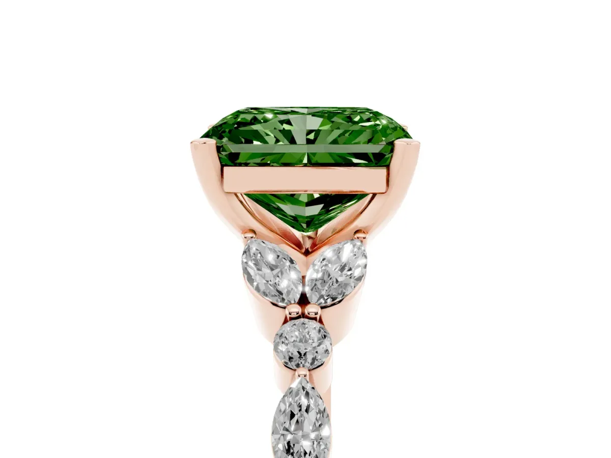 Fancy Green Radiant Cut Diamond Solitaire Ring with Side Stones and Four-Prong Setting Rose gold