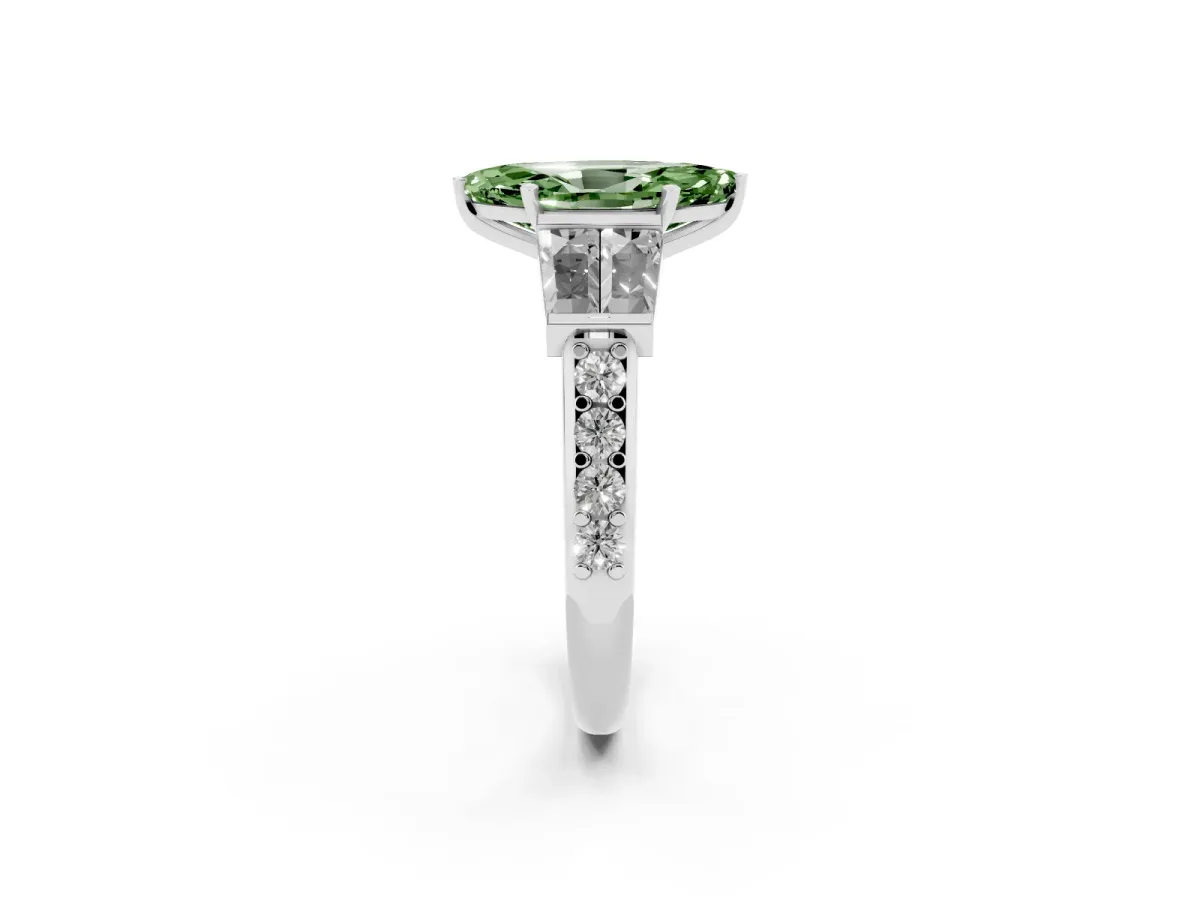 Fancy Green Marquise Cut Diamond Engagement Ring with Baguette Side Stones and Channel Set Band Silver