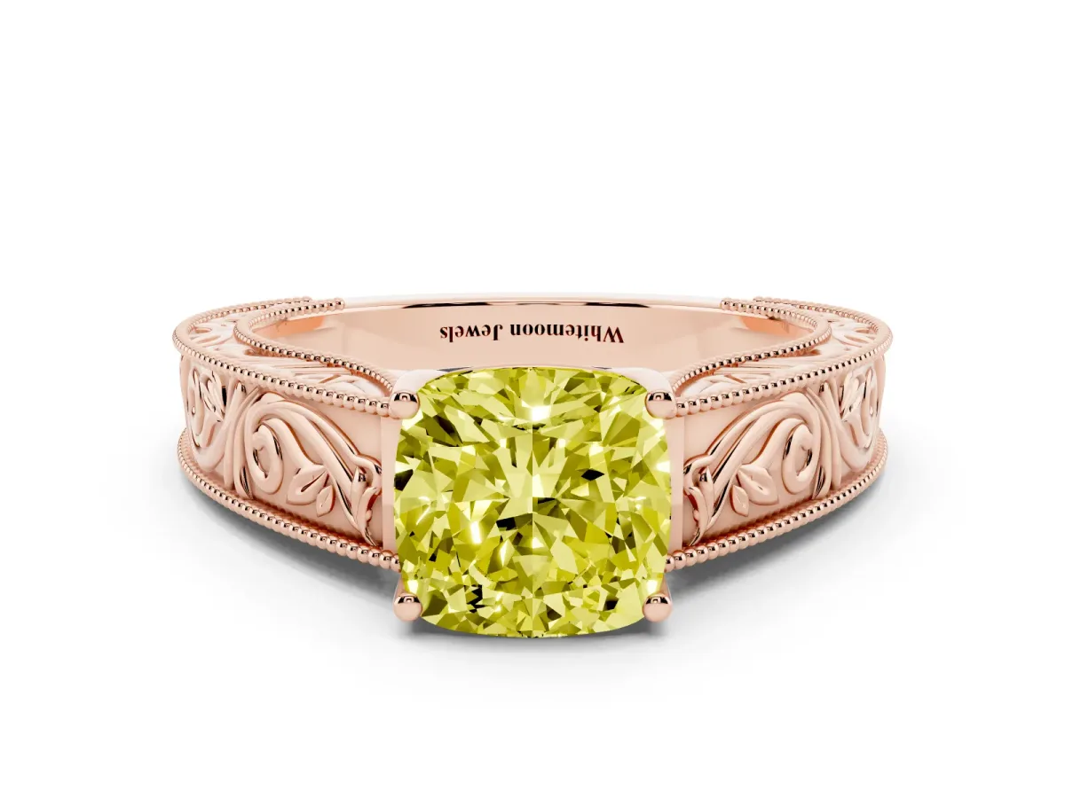 Fancy Yellow Cushion Cut Diamond Solitaire Ring with Engraved Band and Four-Prong Setting Rose gold