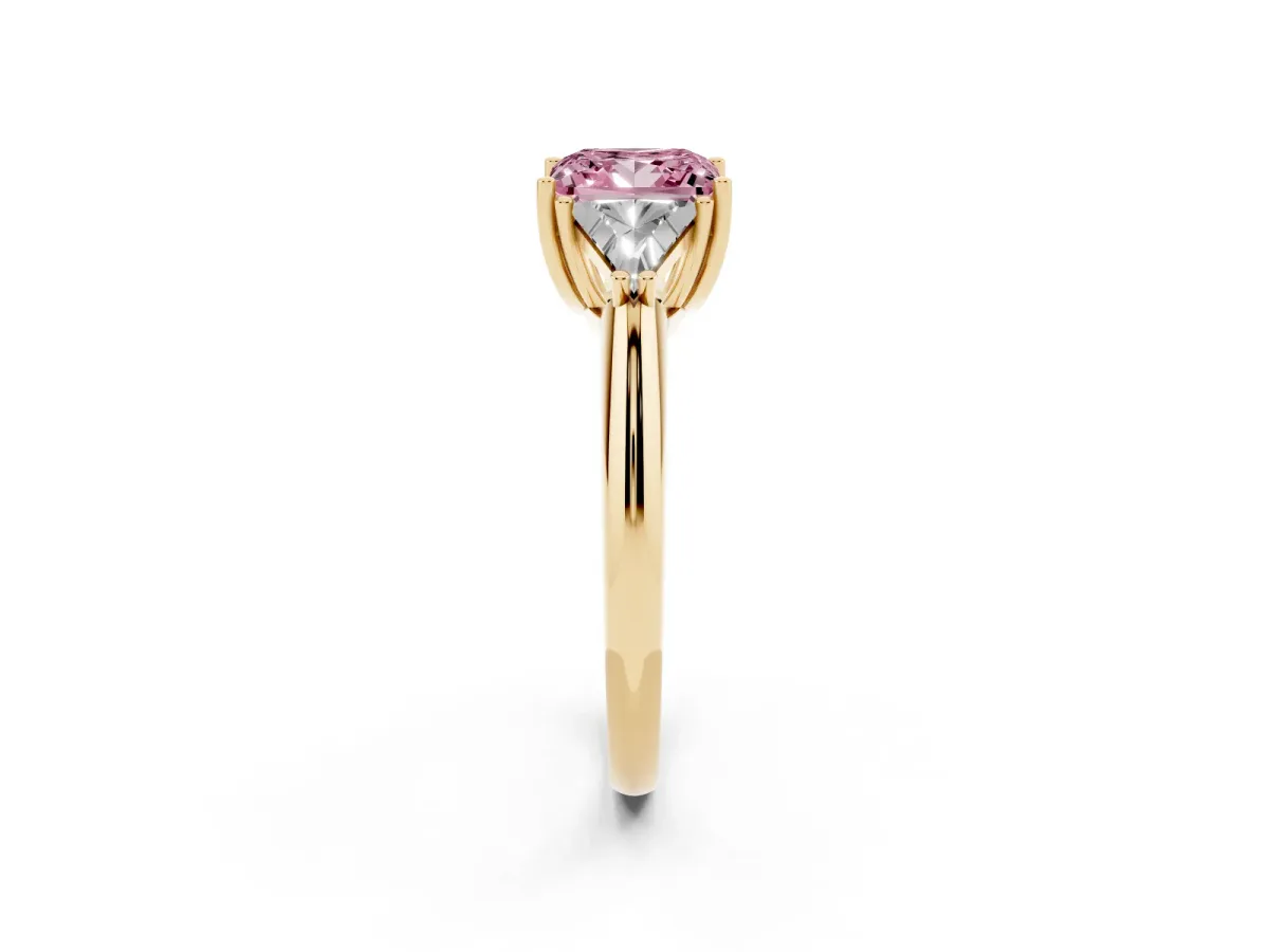 Fancy Pink Three-Stone Princess Cut Diamond Engagement Ring with Trillion Side Stones and Prong Setting Yellow gold
