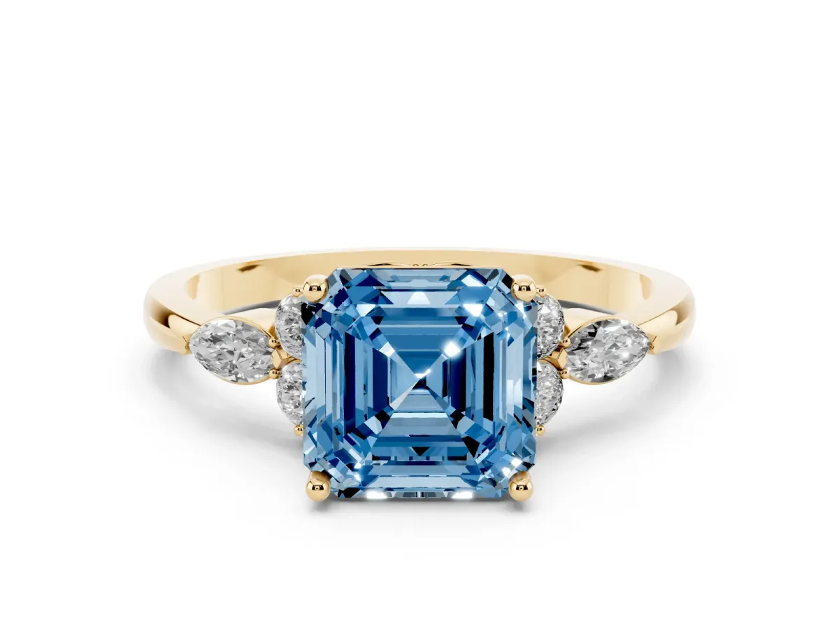 Fancy Blue Asscher Cut Brilliant Diamond Solitaire Ring with Pear Side Stones and Four-Prong Setting Yellow gold