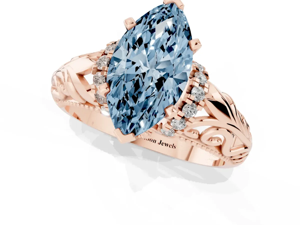 Fancy Blue Marquise Cut Solitaire Filigree Engagement Ring with Halo and Prong Setting Rose gold