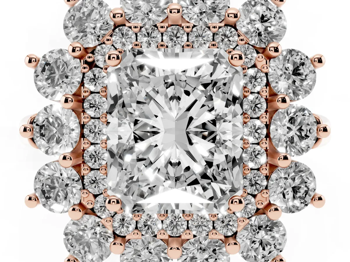 Radiant Cut Diamond Floral Double Halo Engagement Ring with Prong Setting Rose gold