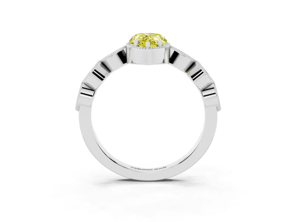 Fancy Yellow Pear Cut Diamond Vintage Milgrain Ring with Round Stations Silver