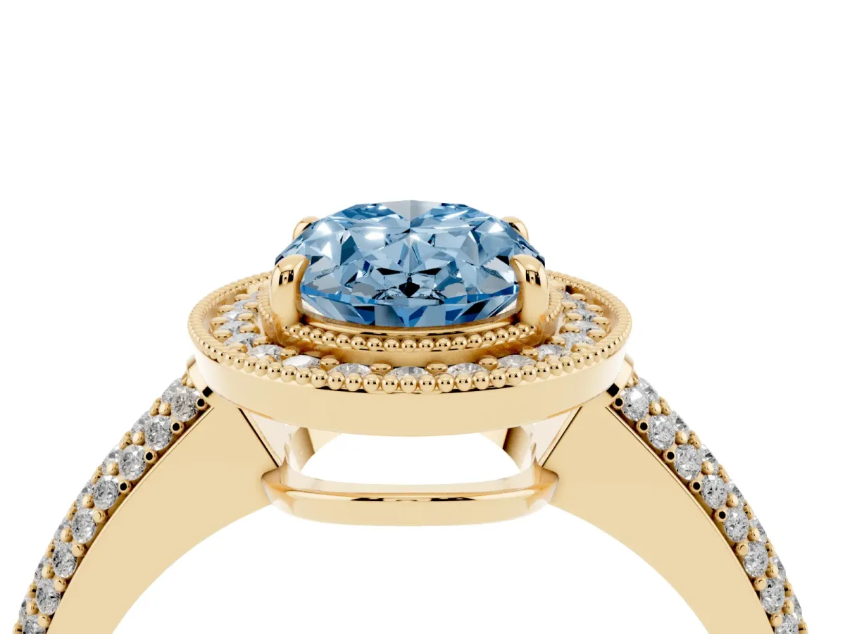 Fancy Blue Oval Cut Cut Halo Diamond Pave Band with Four-Prong Setting Yellow gold