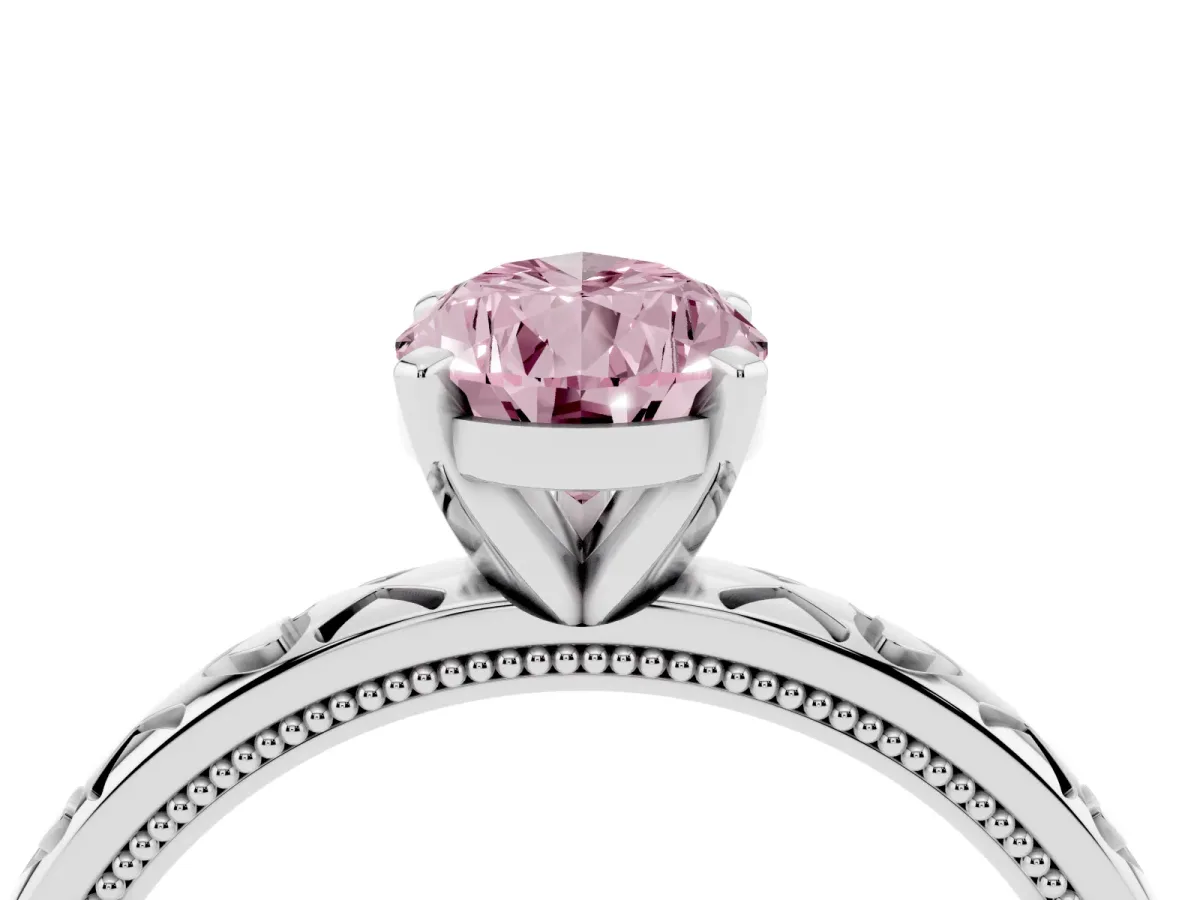 Fancy Pink Pear Cut Solitaire Diamond Engagement Ring with XO Engraved Band and Four-Prong Setting White gold