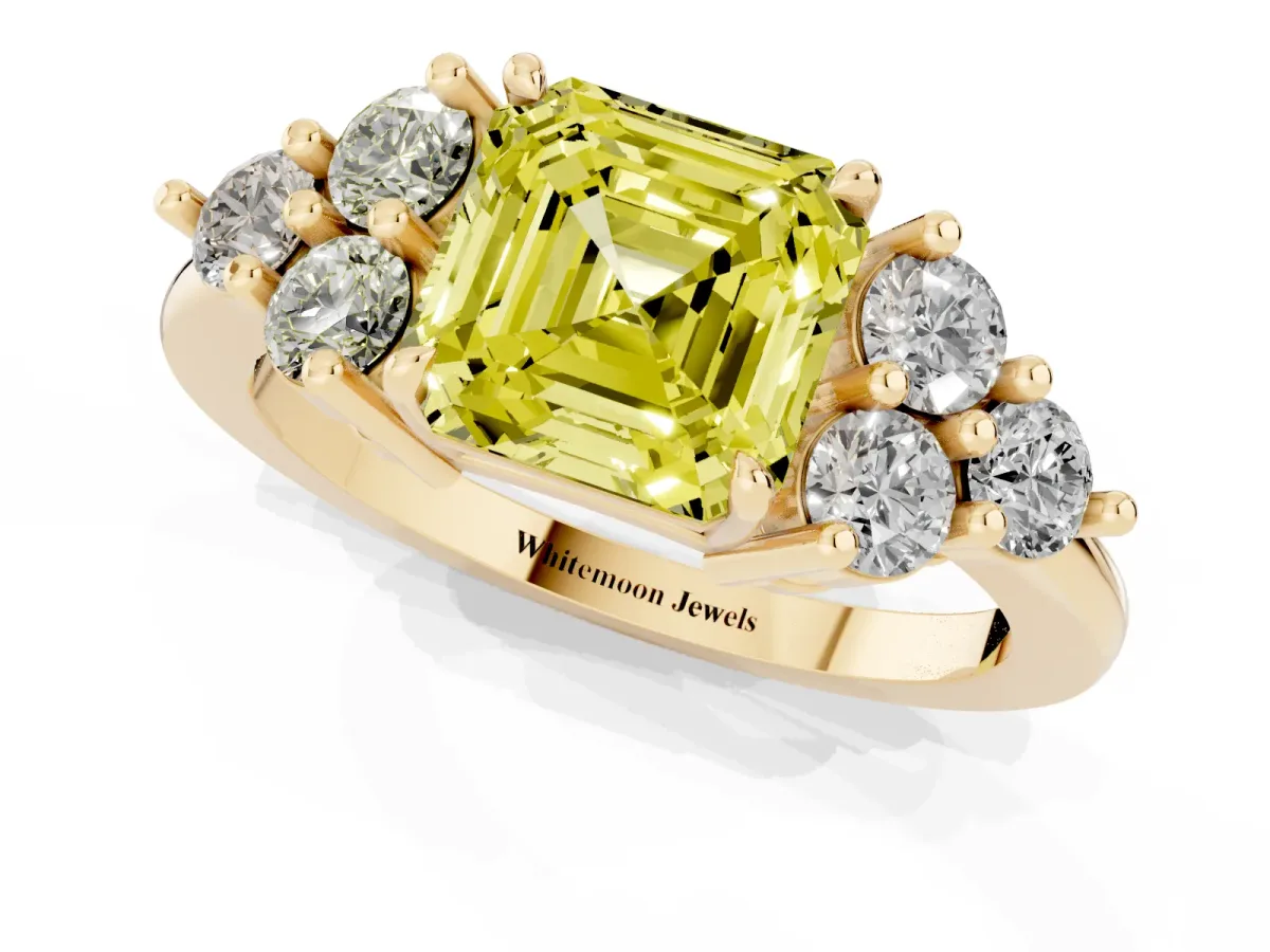Fancy Yellow Asscher Cut Brilliant Diamond Cluster Accent Solitaire Ring with Prong Setting Yellow gold