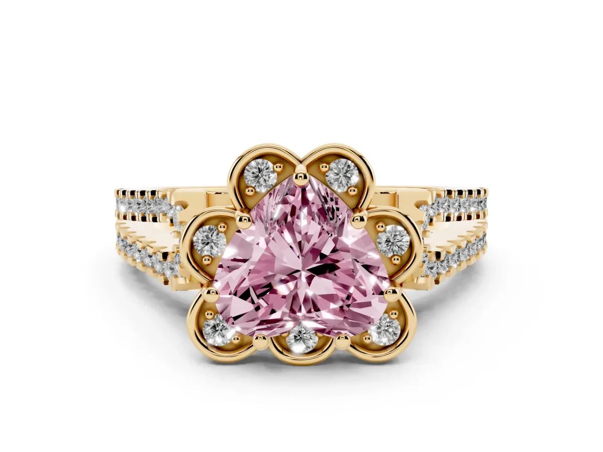 Fancy Pink Heart Cut Halo Diamond Floral Split Shank Engagement Ring Yellow gold