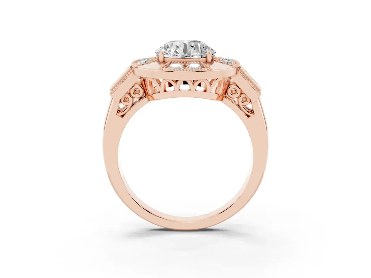 Milgrain Round Cut Diamond Halo Split Shank Ring Rose gold