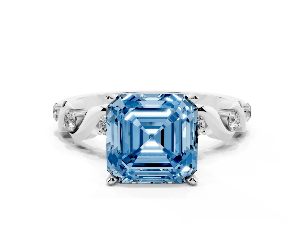 Fancy Blue Asscher Cut Diamond Solitaire Twisted Band with Round Accents and Prong Setting White gold