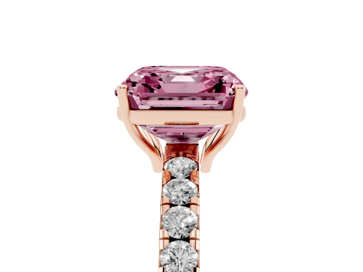 Fancy Pink Asscher Cut Diamond Pavé Solitaire Engagement Ring with Four-Prong Setting Rose gold