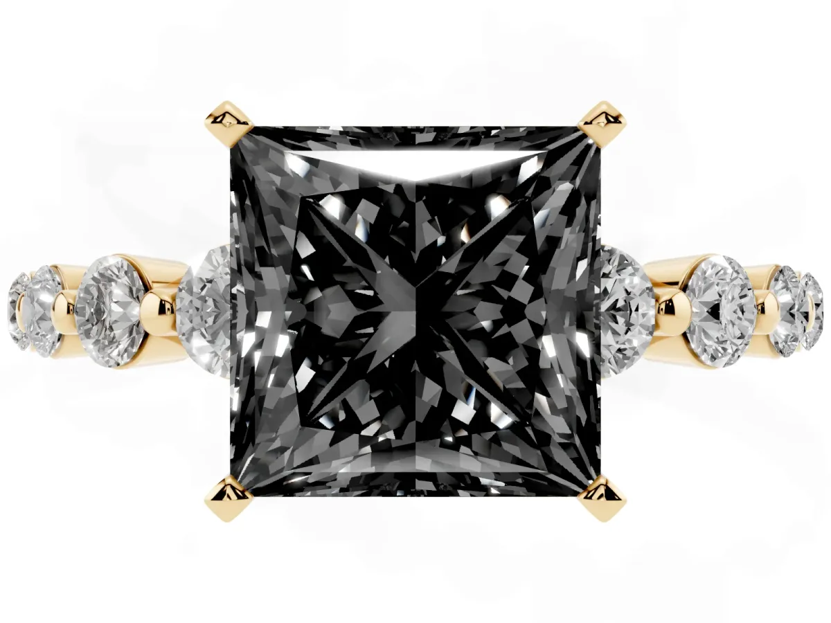 Fancy Black Princess Cut Solitaire Diamond Ring with Pave Band and Four-Prong Setting Yellow gold