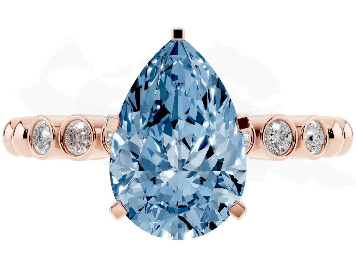 Fancy Blue Pear Cut Solitaire Bezel Accent Diamond Engagement Ring with Beaded Band and Four-Prong Setting Rose gold