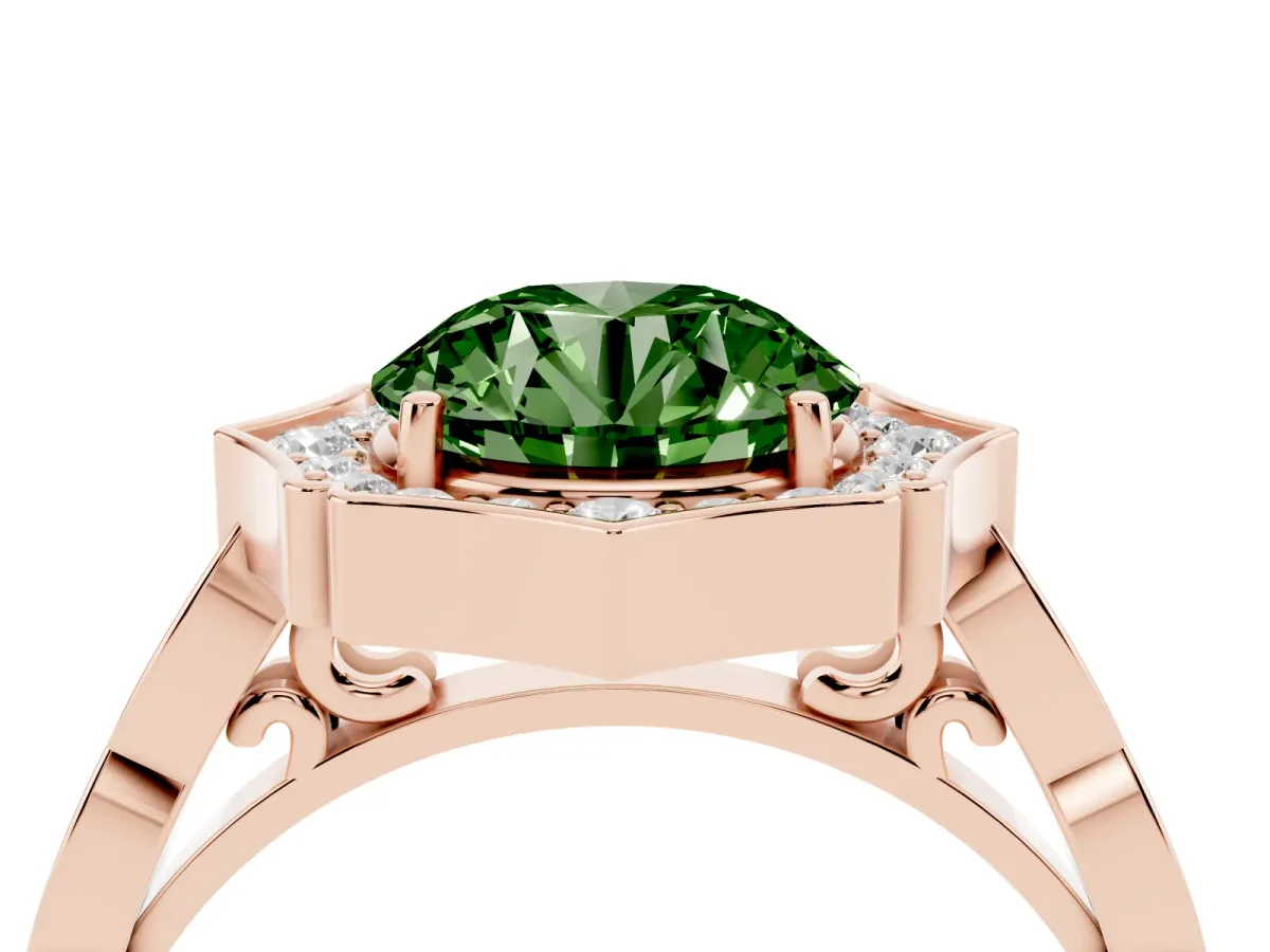 Fancy Green Round Cut Halo Diamond Engagement Ring with Milgrain Band and Four-Prong Setting Rose gold