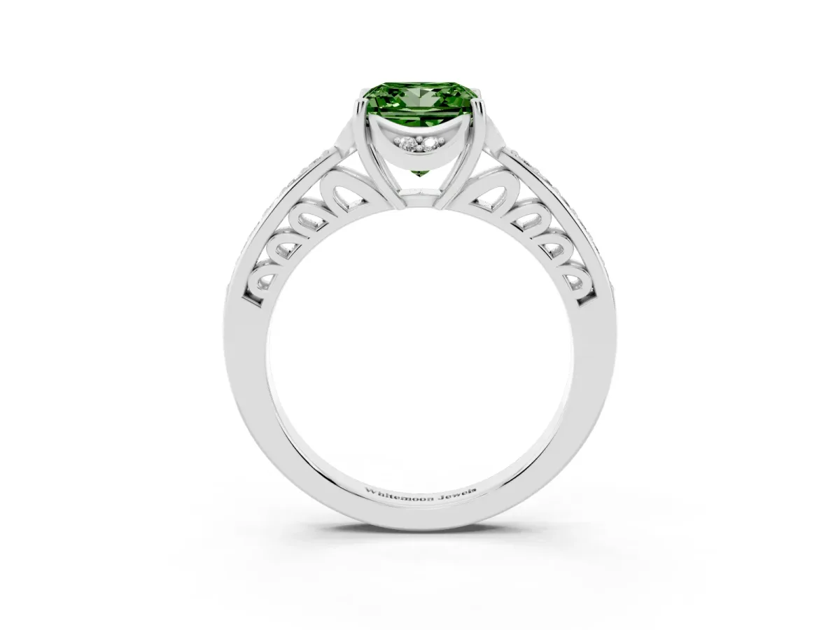 Fancy Green Princess Cut Cut Halo Diamond Ring with Channel Set Band and Four-Prong Setting White gold