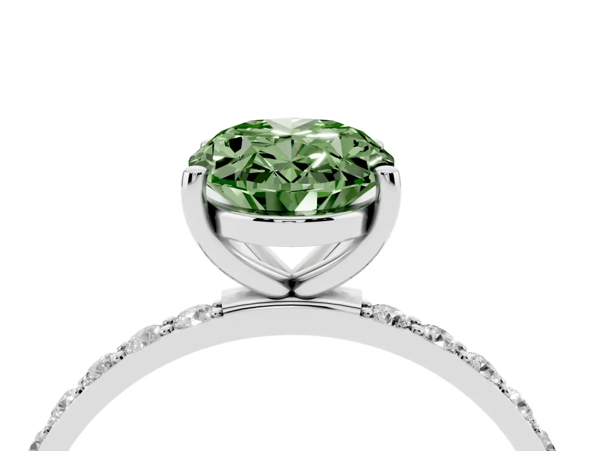 Fancy Green Oval Cut Diamond Solitaire Ring with Round Pavé Shoulders and Prong Setting Silver