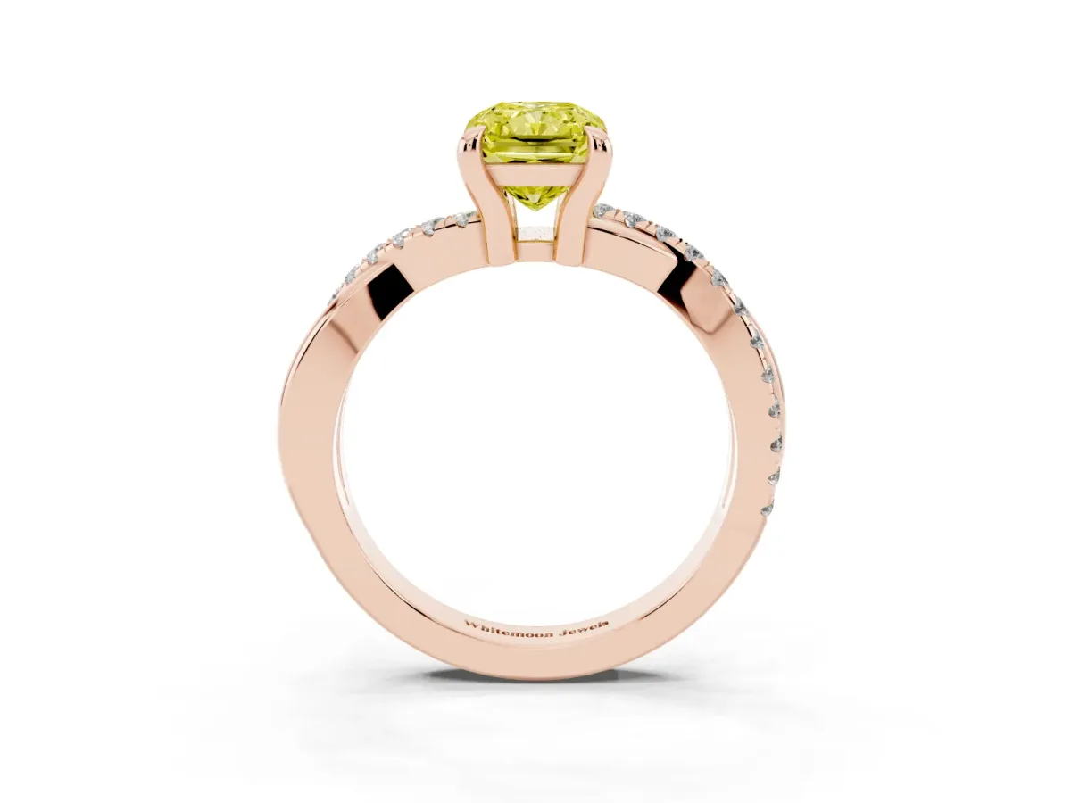Fancy Yellow Radiant Cut Cut Diamond Twist Band Solitaire with Prong Setting Rose gold
