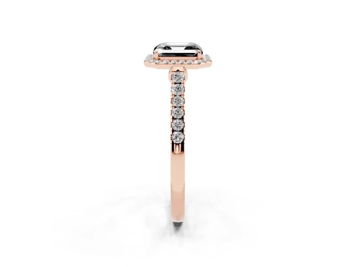 Fancy Black Asscher Cut Halo Pave Diamond Engagement Ring with Four-Prong Setting Rose gold