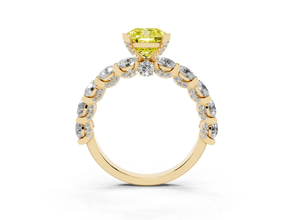 Fancy Yellow Cushion Cut Diamond Side Stone Engagement Ring with Four-Prong Setting Yellow gold